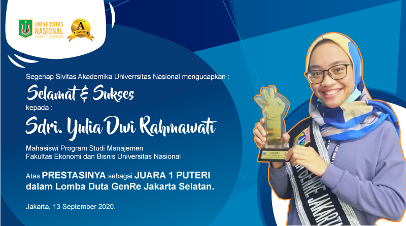 You are currently viewing Prestasi Mahasiswi Prodi Manajemen Sebagai Juara 1 Lomba Duta GenRe Jakarta Selatan