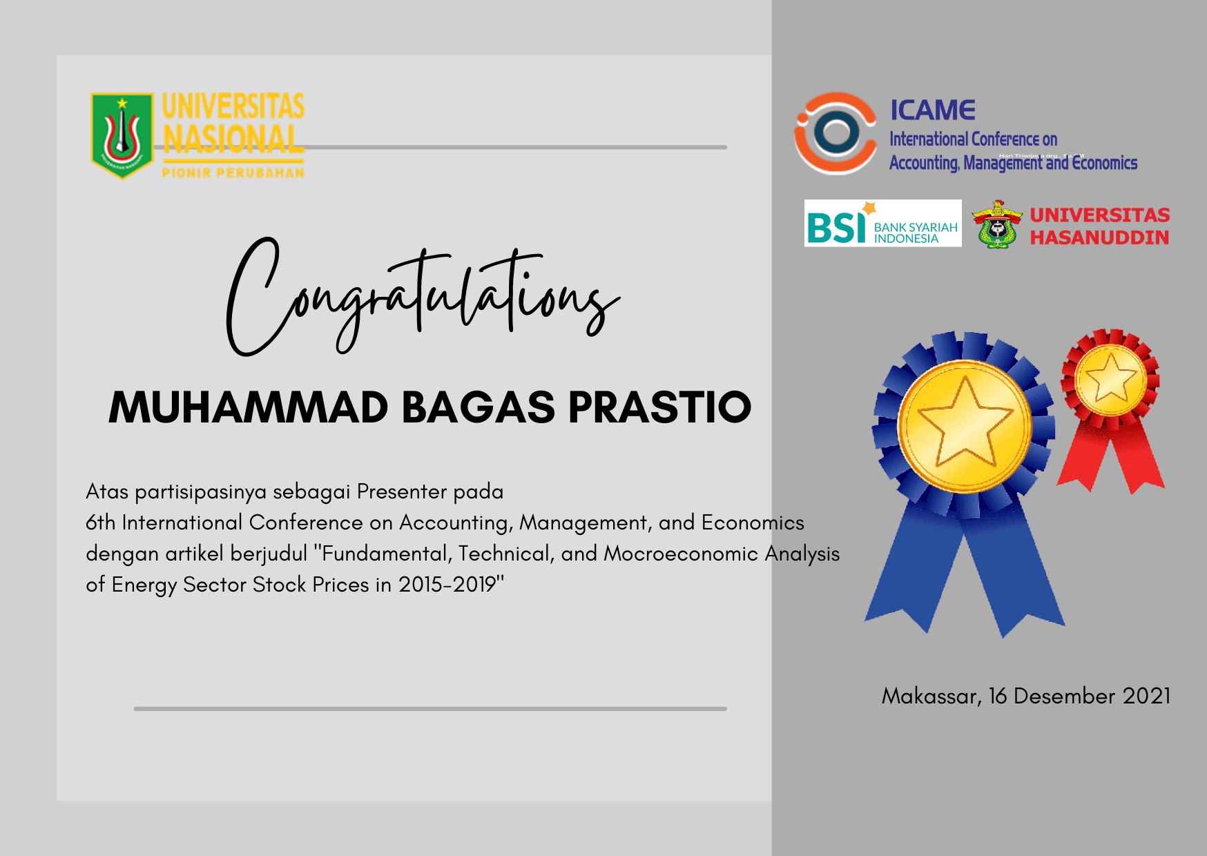 You are currently viewing Selamat kepada Muhammad Bagas Prastio atas Prestasinya sebagai Presenter pada 6th ICAME 2021