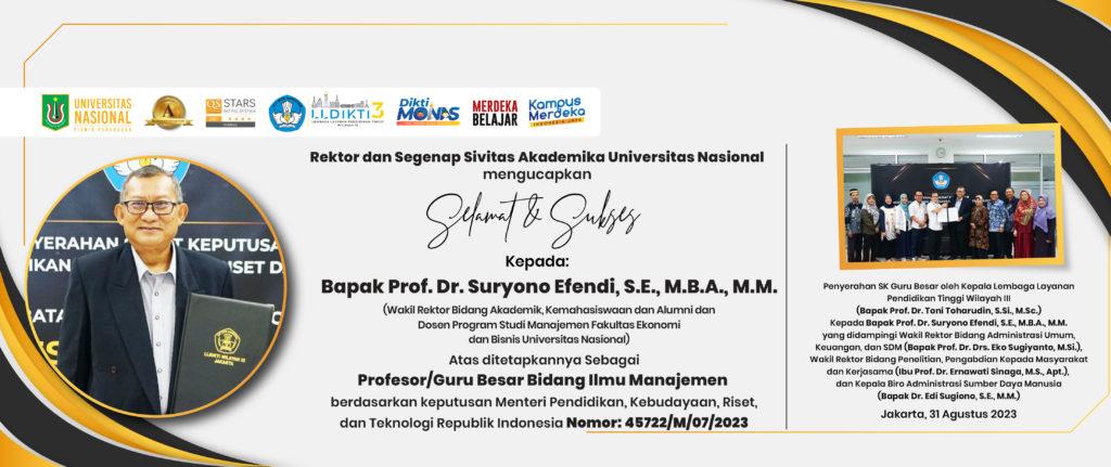 Read more about the article Selamat & Sukses Kepada Bapak Prof. Dr. Suryono Efendi, S.E., M.B.A., M.M. Atas ditetapkannya Sebagai Profesor/Guru Besar Bidang Ilmu Manajemen