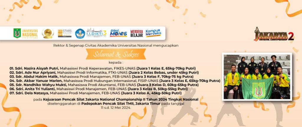 Read more about the article Selamat & Sukses Kepada Mahasiswa UNAS Atas Prestasinya Pada Kejuaran Pencak Silat Jakarta National Championship II Tahun 2024