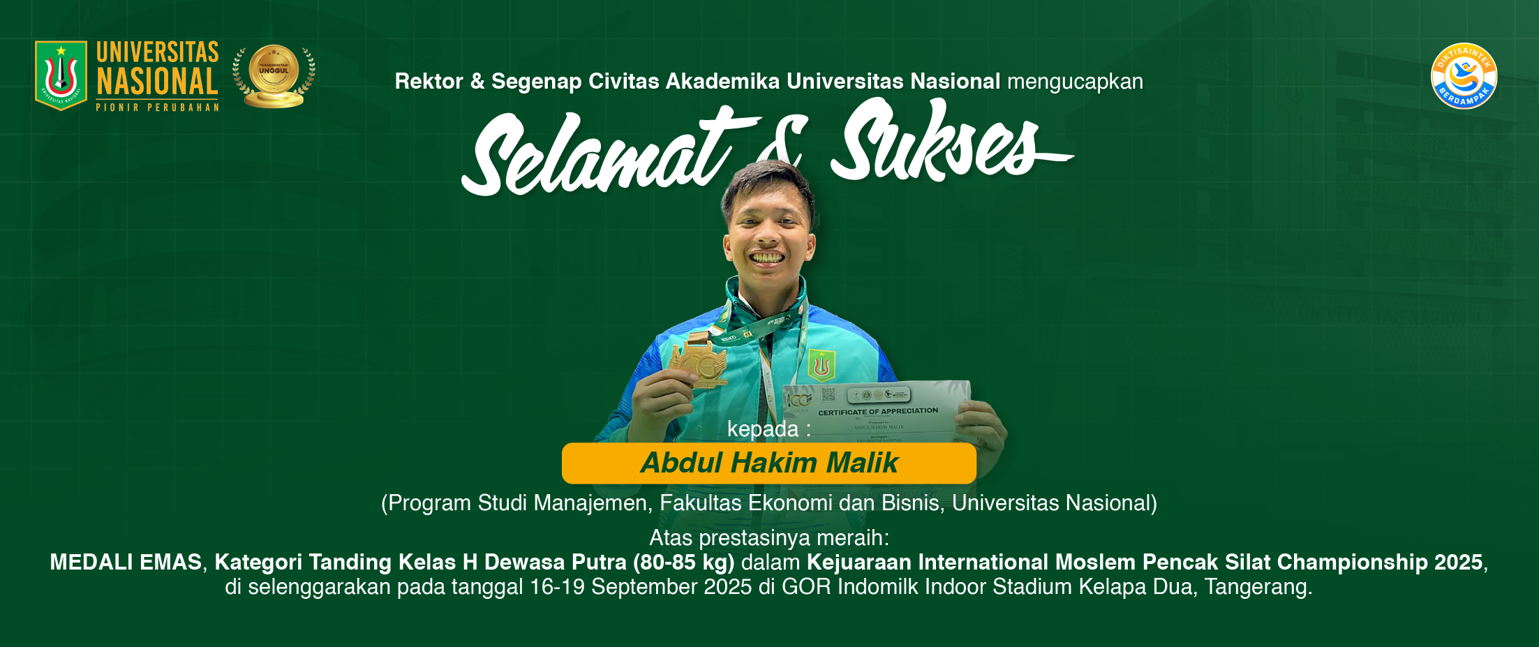 Read more about the article Prestasi Mahasiswa Prodi Manajemen FEB-UNAS Raih Medai Emas Pada Kejuaraan International Moslem Pencak Silat Championship 2025