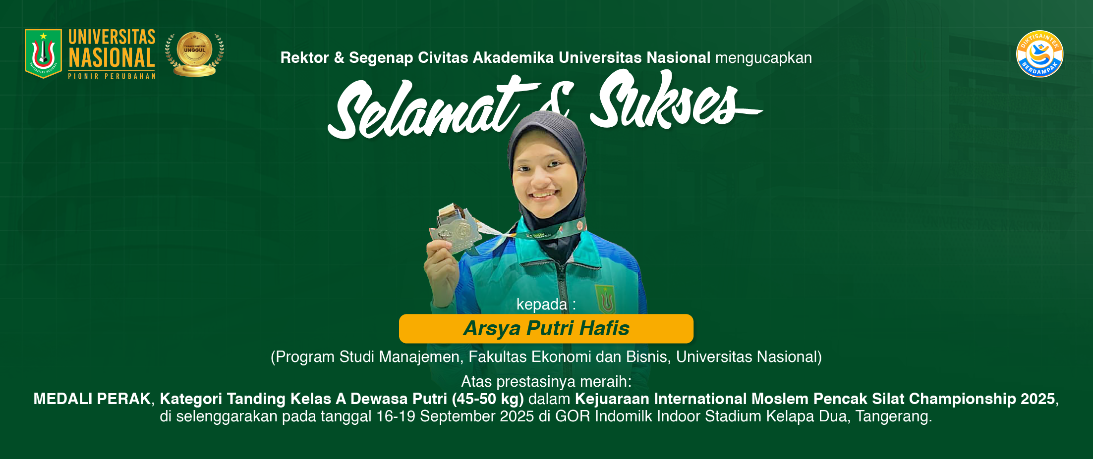 Read more about the article Prestasi Mahasiswa Prodi Manajemen FEB-UNAS Raih Medai Perak Pada Kejuaraan International Moslem Pencak Silat Championship 2025